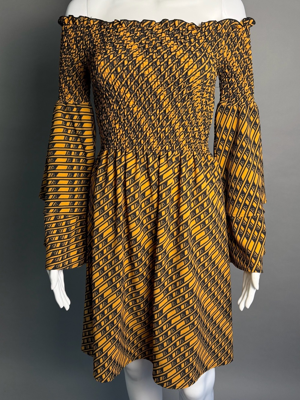 Manaola Yellow & Black Off-Shoulder Smocked Long-Sleeve Dress